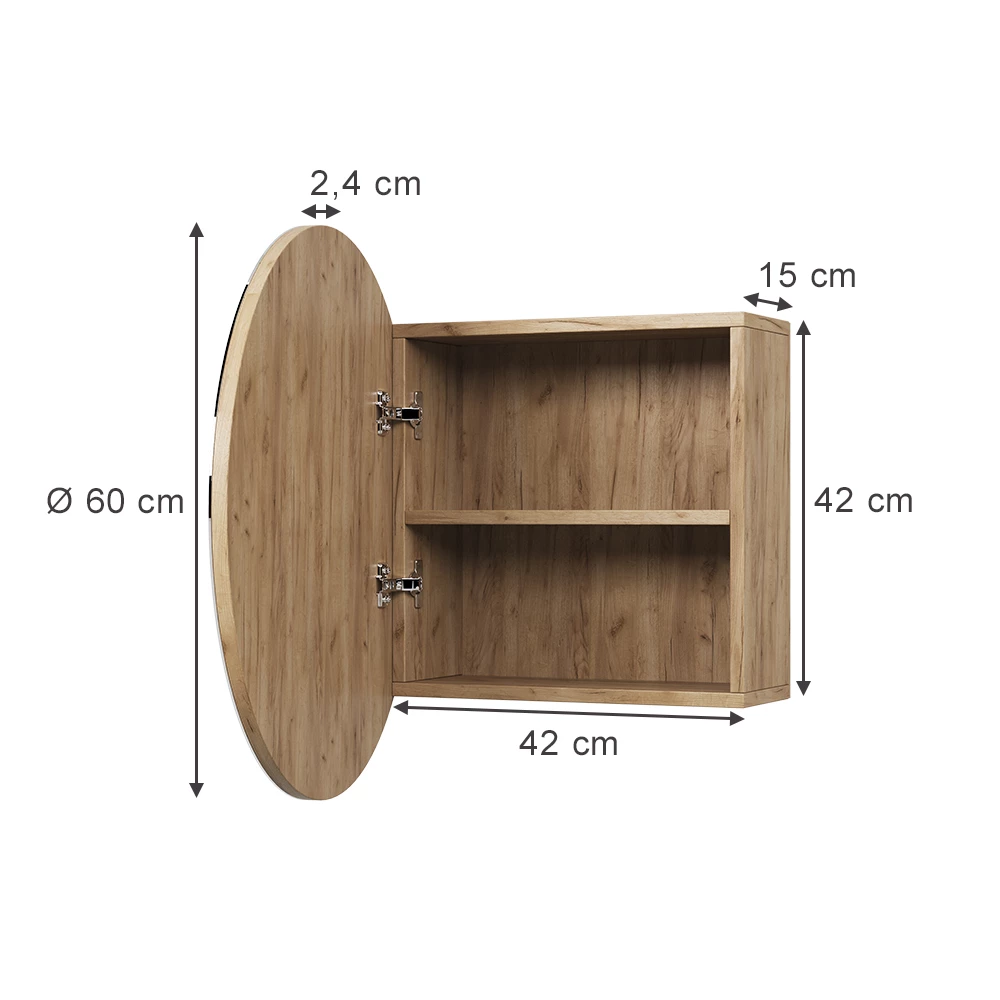 Badspiegelschrank in Goldkraft Eiche auf weißem Hintergrund mit sichtbaren Maßen
