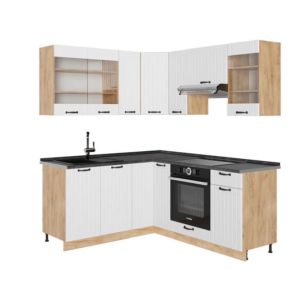 Cucina angolare completa in Bianco casa di campagna su sfondo bianco