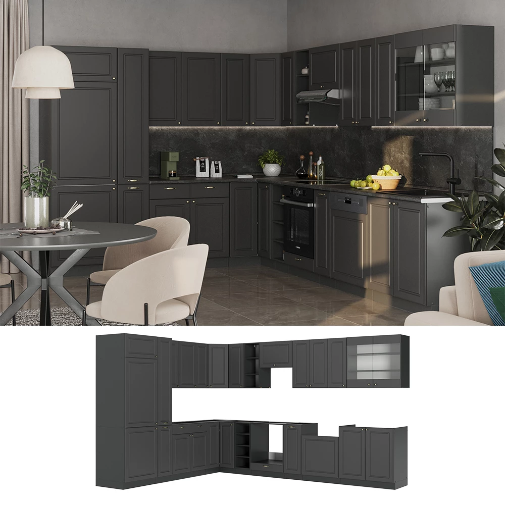 Cucina angolare completa Fame-Line Oro-antracite country/Antracite 347 x 257 cm piano di lavoro Antracite Vicco