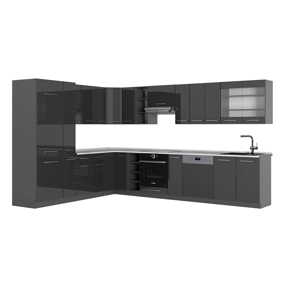 Bucătărie pe colț in Antracit lucios ridicat on white background