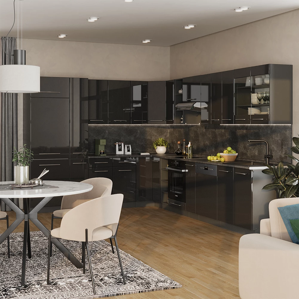 Kuchnia narożna w kolorze Antracyt wysoki połysk na białym tle