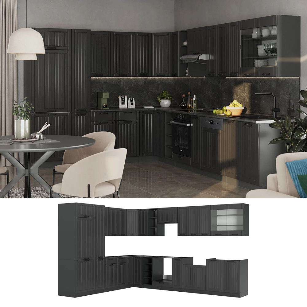 Cucina angolare completa Fame-Line Grigio scuro/Antracite 347 x 257 cm senza piano di lavoro Vicco