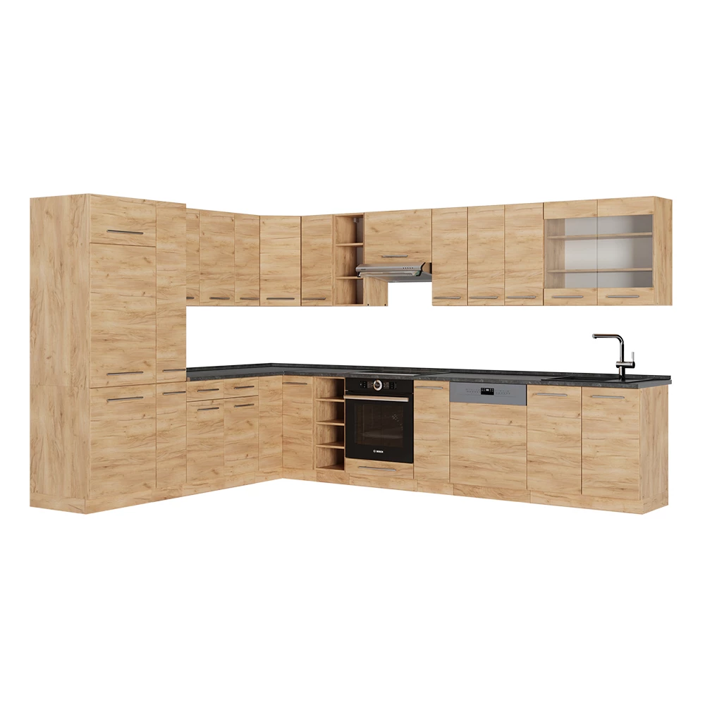 Rohová kuchyň v barvě Zlatý mocný dub na bílém pozadí