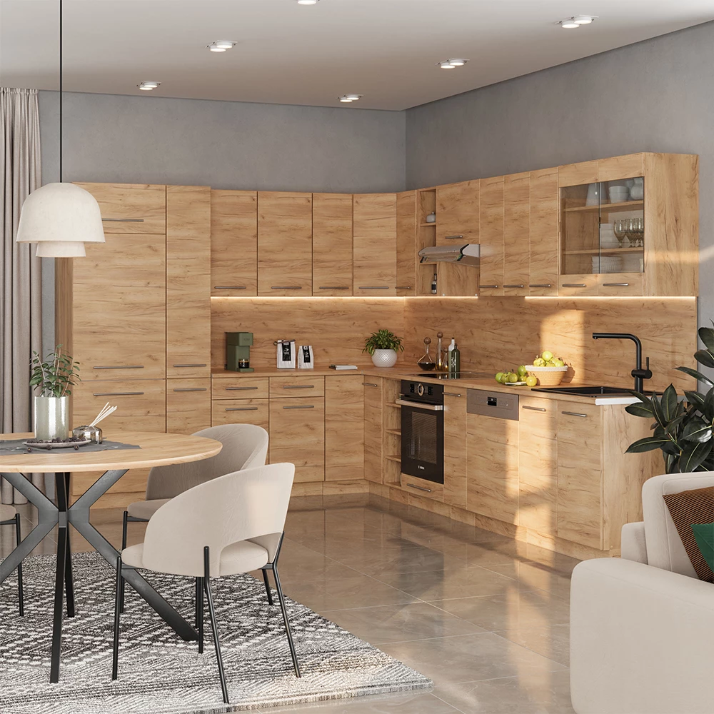 Kuhinja U Obliku Slova L u boji hrast Goldkraft na bijeloj pozadini