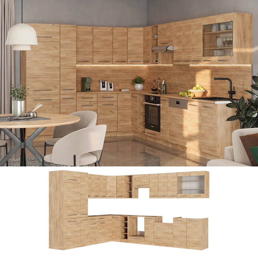 Cucina angolare completa Fame-Line Rovere dorato/Rovere dorato 347 x 257 cm senza piano di lavoro Vicco