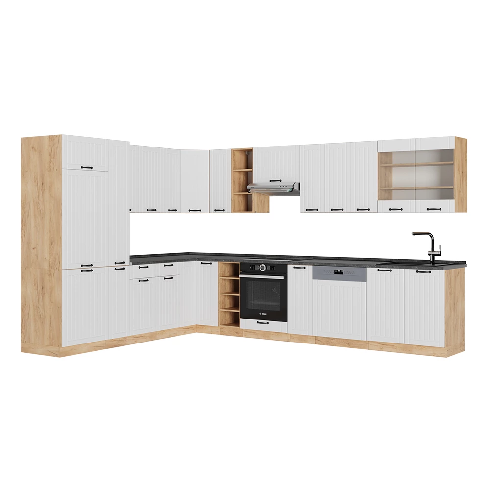 Cucina angolare completa in Bianco casa di campagna su sfondo bianco
