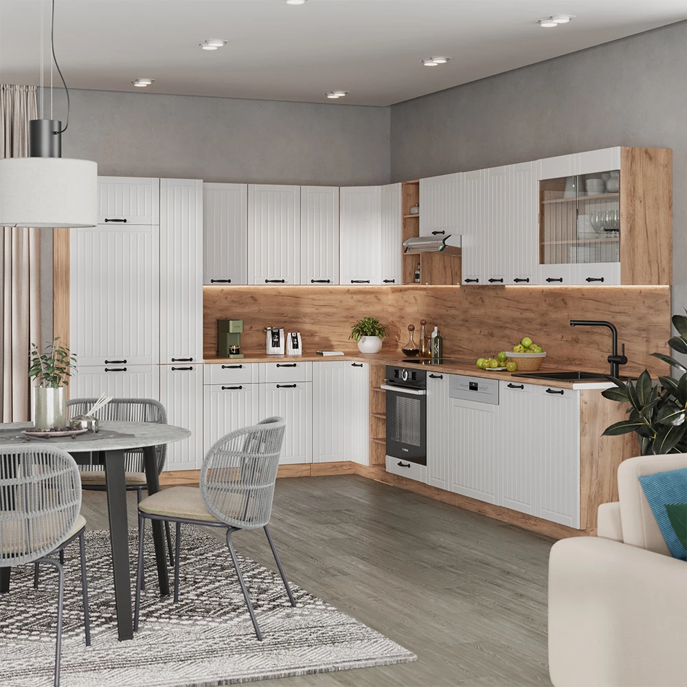 Cucina angolare completa in Bianco casa di campagna su sfondo bianco