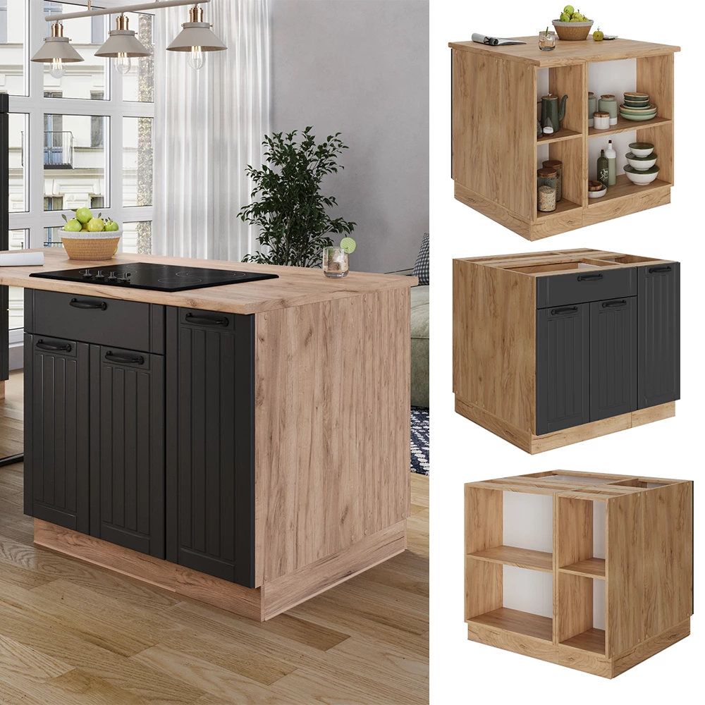 Kücheninsel Fame-Line Dunkelgrau/Goldkraft Eiche 90 cm mit Schublade Vicco