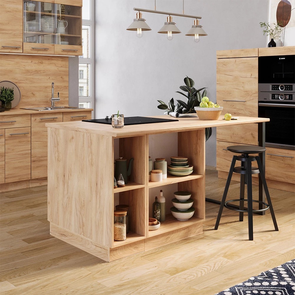 Kücheninsel in Goldkraft Eiche auf weißem Hintergrund