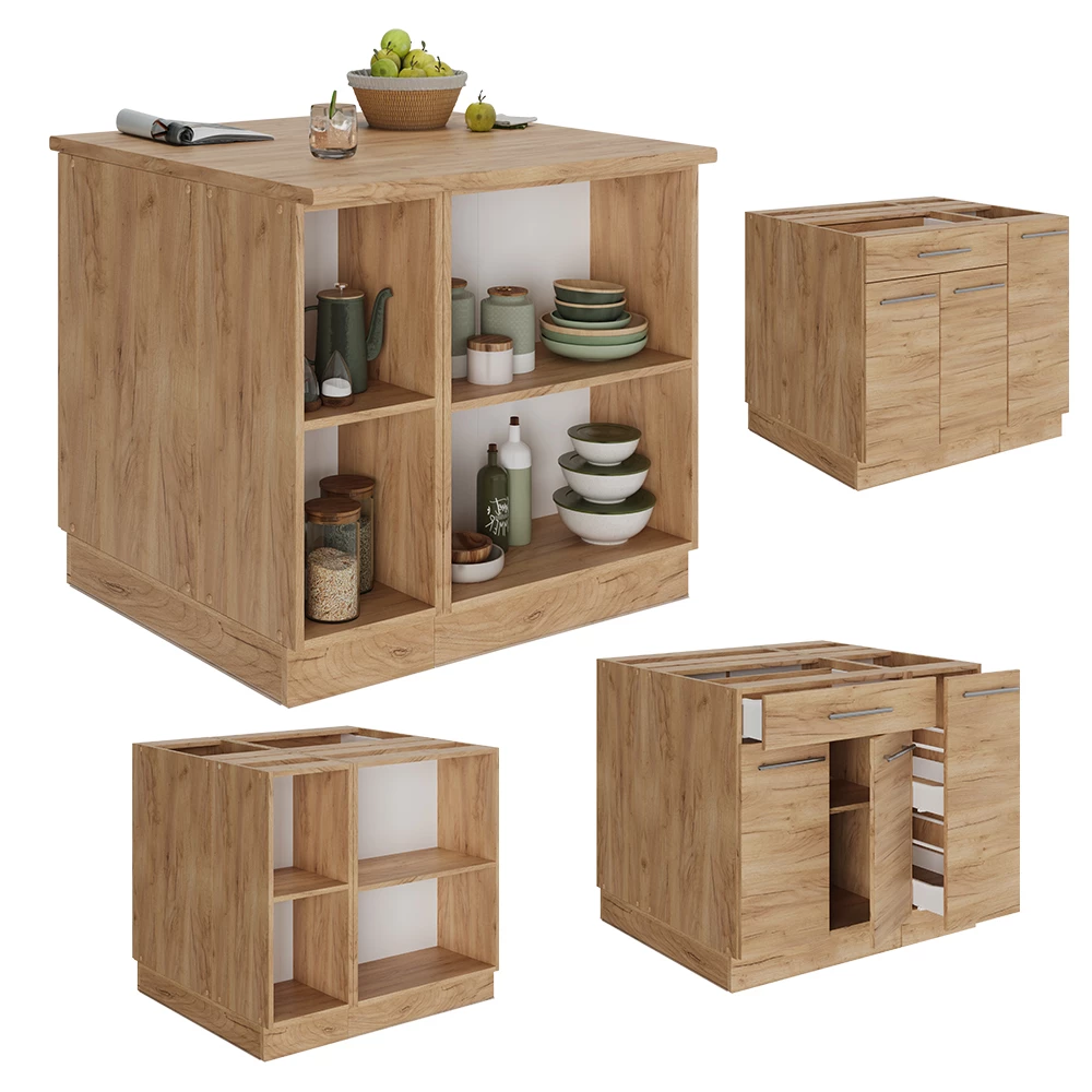 isola cucina in Quercia dorata on white background with decorative elements