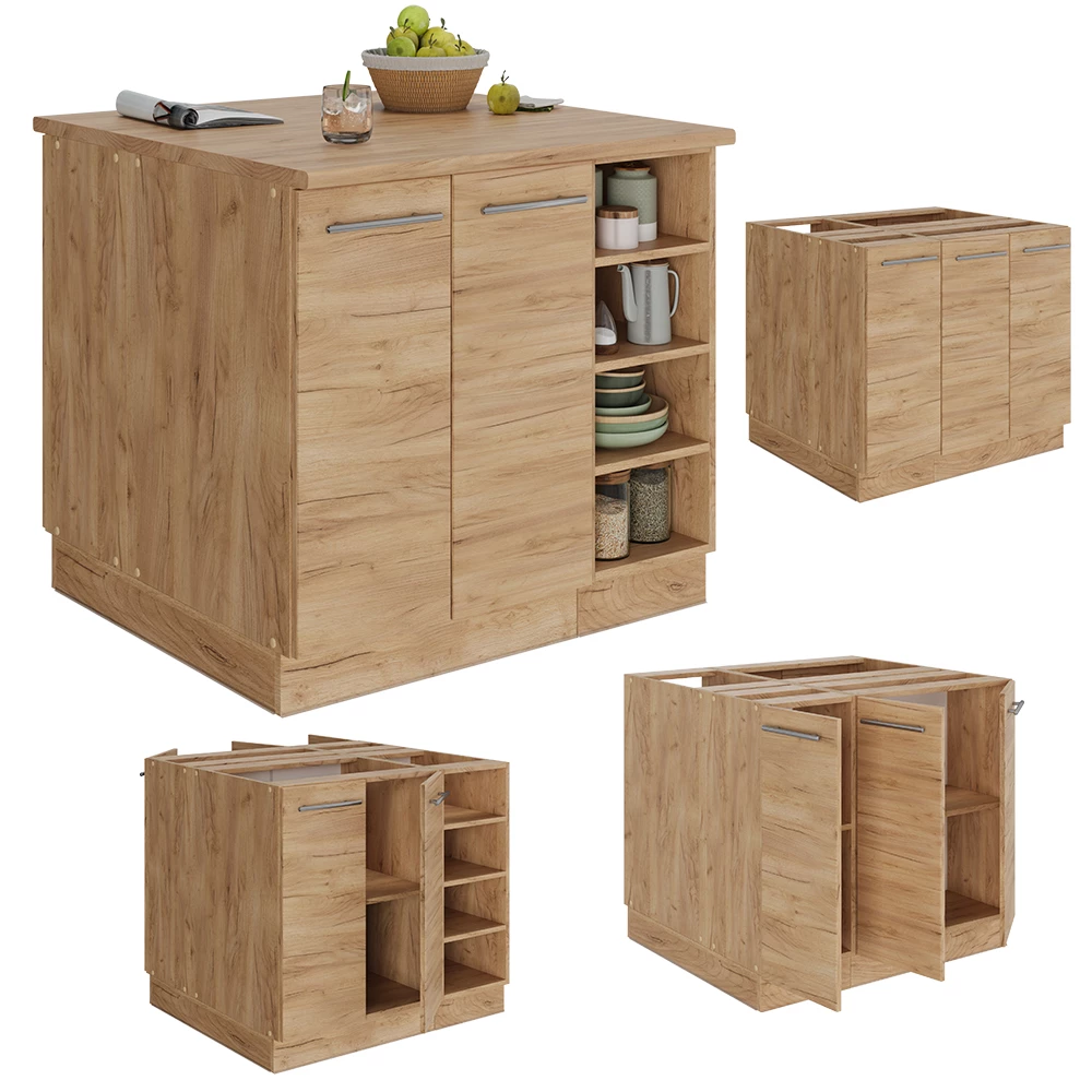 isola cucina in Quercia dorata on white background with decorative elements