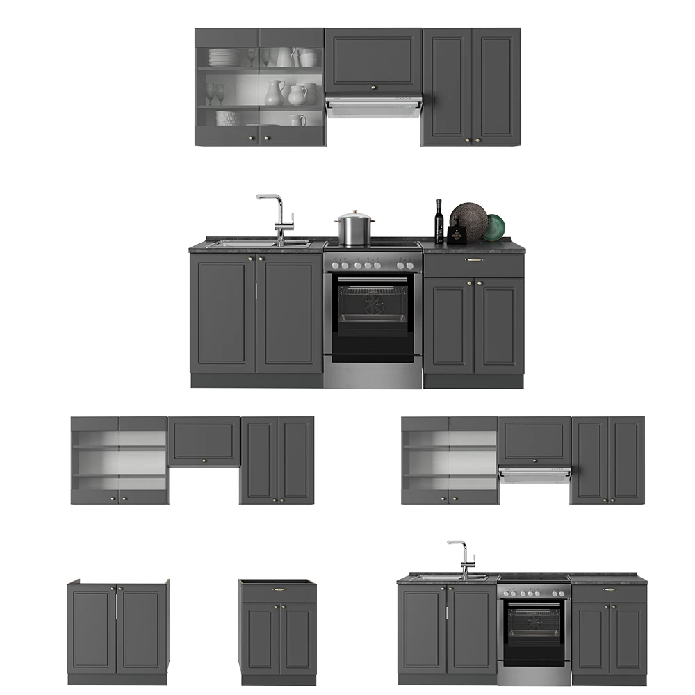 Cucina componibile in Landhaus antrazit-oro on white background with decorative elements