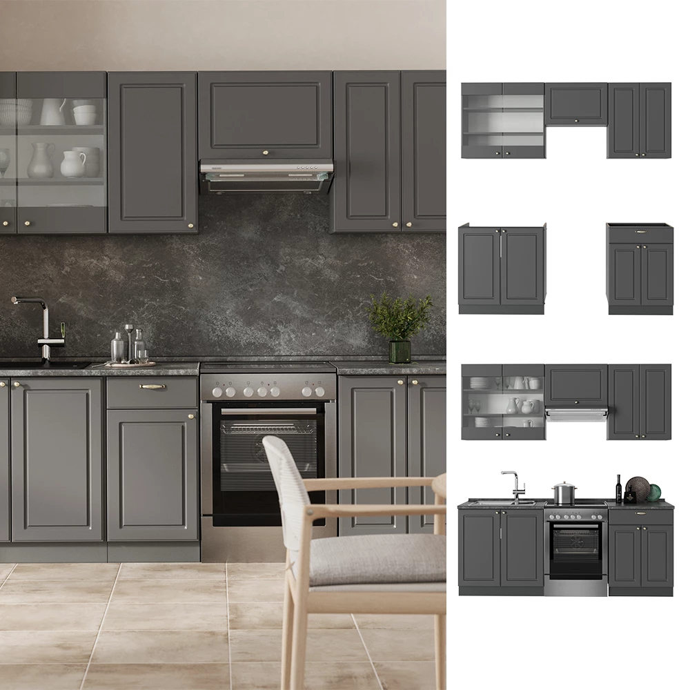 Cucina componibile Fame-Line Oro-antracite country/Antracite 200 cm piano di lavoro Antracite Vicco
