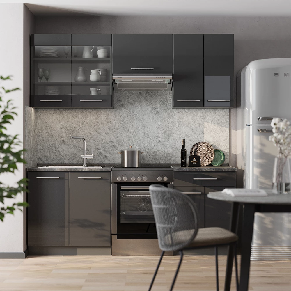 Kuhinjski Blok u boji visoki sjaj antracita na bijeloj pozadini