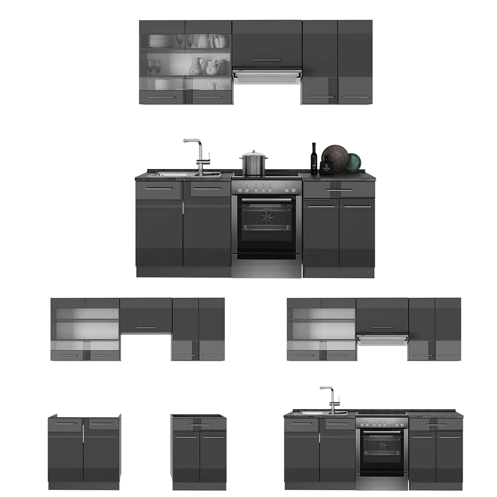 Cuisine en Anthracite Haute brillance sur fond blanc avec des éléments décoratifs