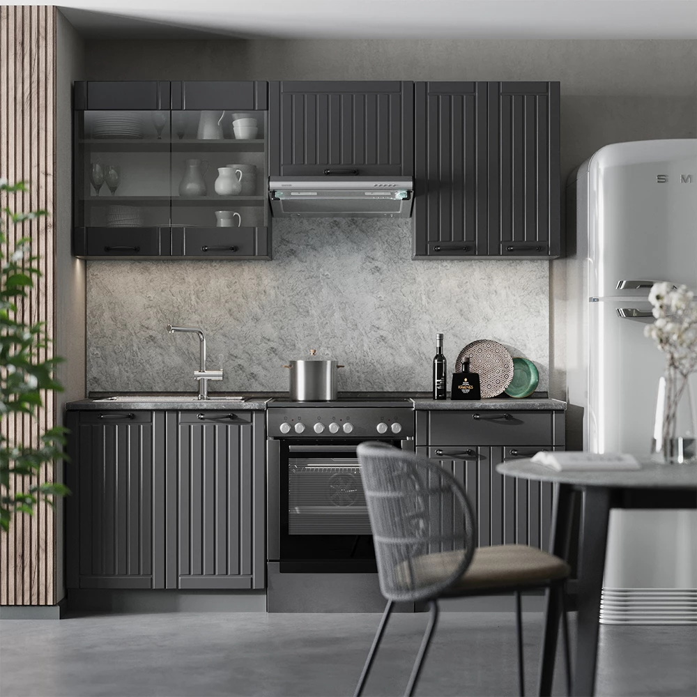 Zabudowa kuchenna w kolorze Ciemnoszary na białym tle