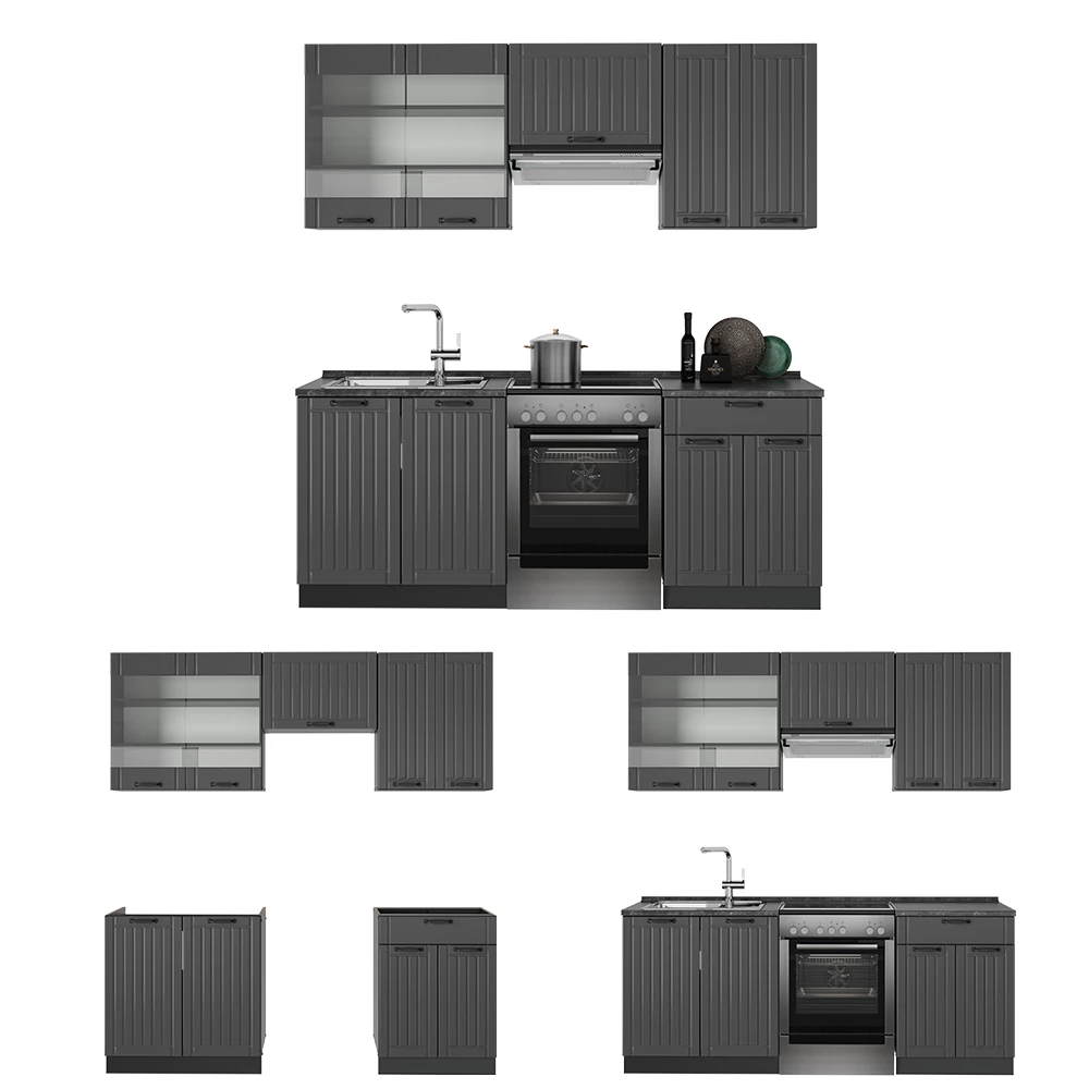 Cuisine en Gris foncé sur fond blanc avec des éléments décoratifs
