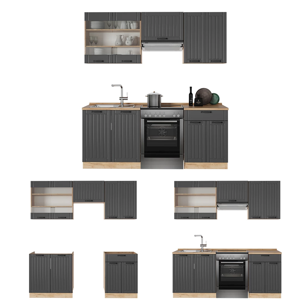 Cuisine en Gris foncé sur fond blanc avec des éléments décoratifs
