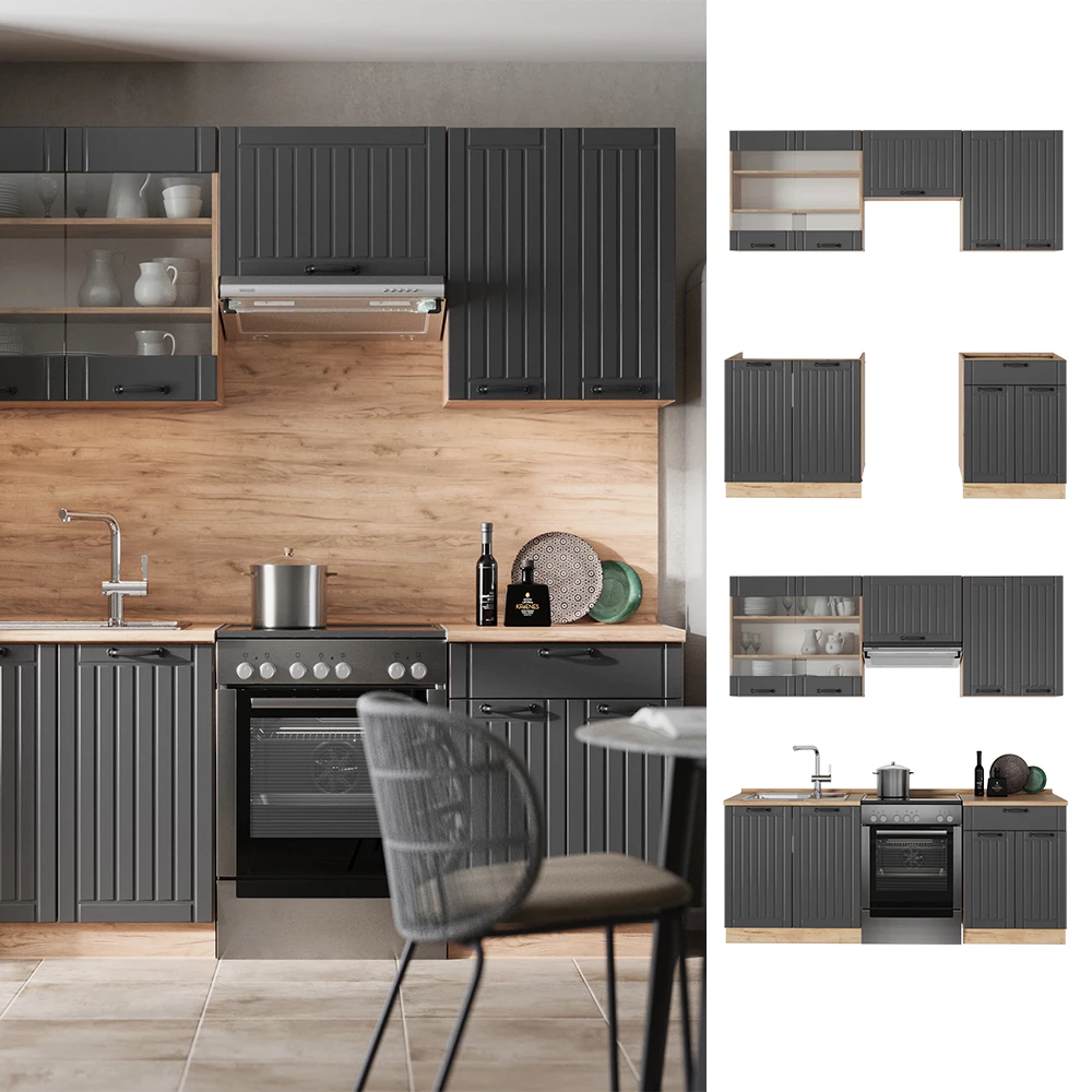 Cuisine Fame-Line Gris foncé/Chêne doré 200cm sans plan de travail Vicco