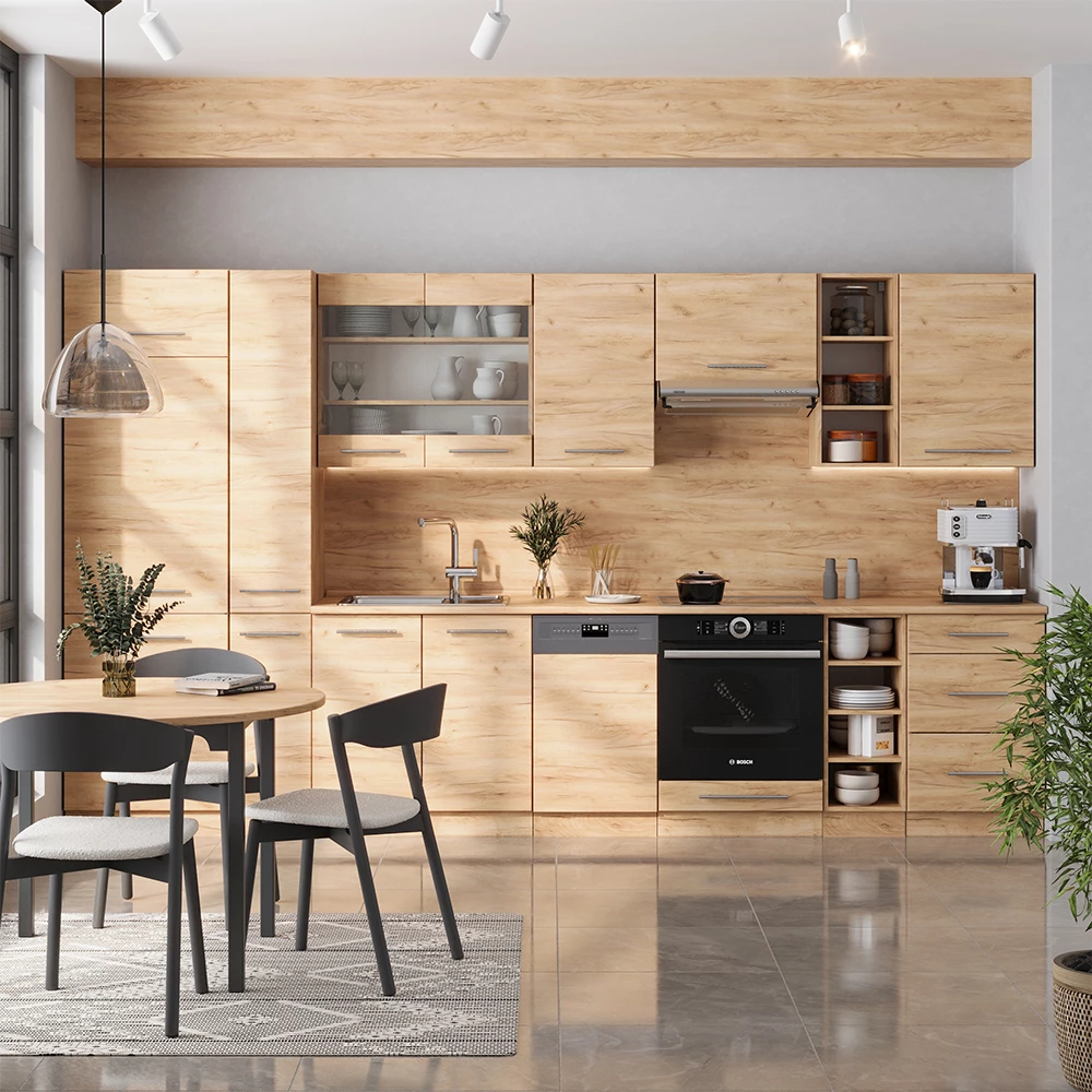 Zabudowa kuchenna w kolorze Złoty dąb energetyczny na białym tle