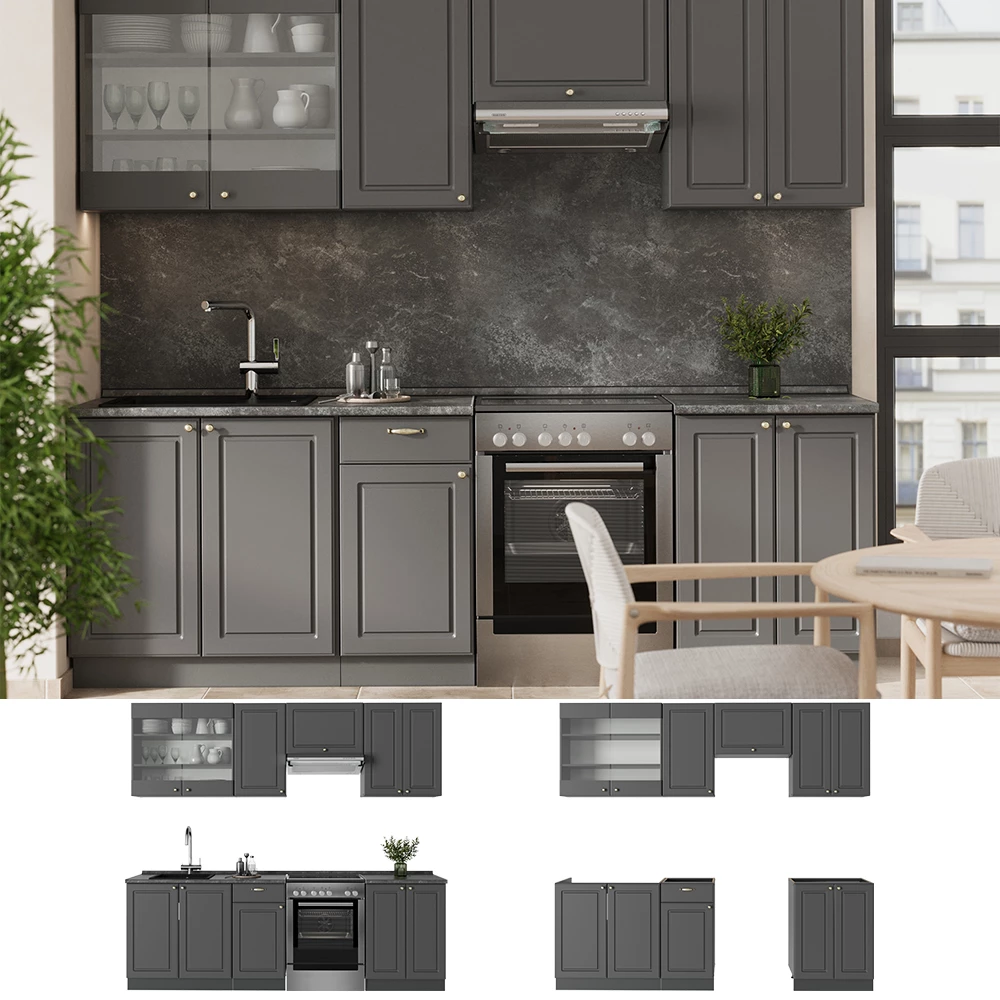 Cuisine Fame-Line Anthrazit-Gold Landhaus 240cm , PT Marbre Vicco