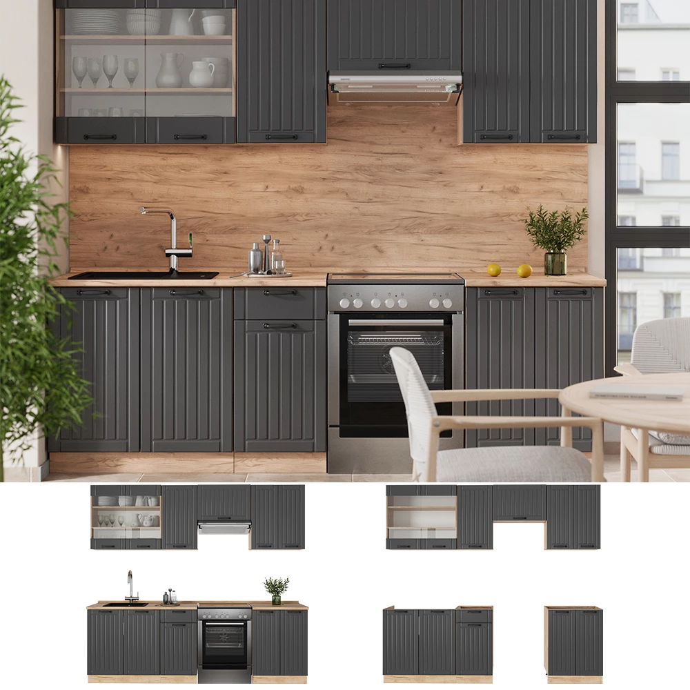 Cucina componibile Fame-Line Grigio scuro/Rovere dorato 240 cm senza piano di lavoro Vicco