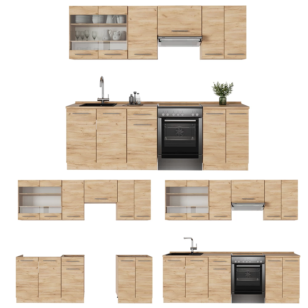 Cucina componibile in Quercia dorata on white background with decorative elements