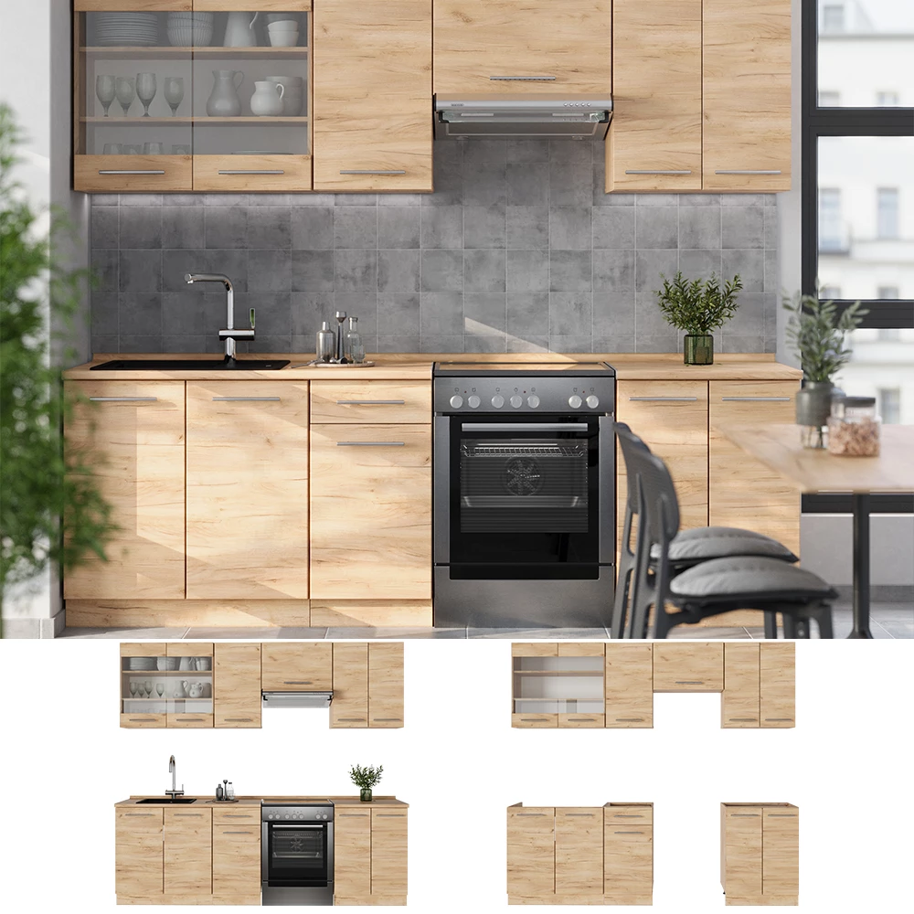 Cucina componibile Fame-Line Rovere dorato/Rovere dorato 240 cm piano di lavoro Marmo Vicco