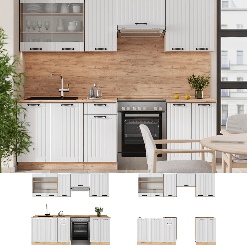 Cucina componibile Fame-Line Bianco country/Rovere dorato 240 cm piano di lavoro Marmo Vicco