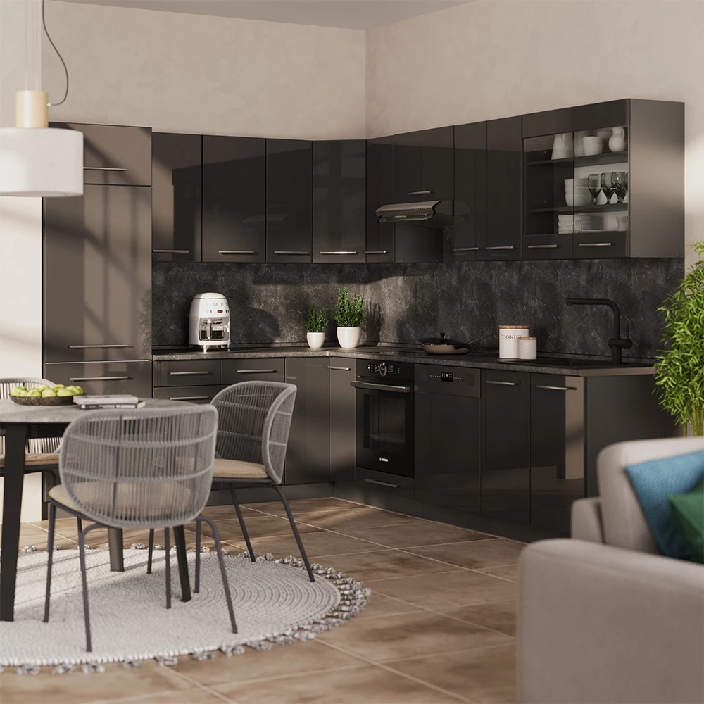 Cocina esquinera en Antracita alto brillo sobre fondo blanco