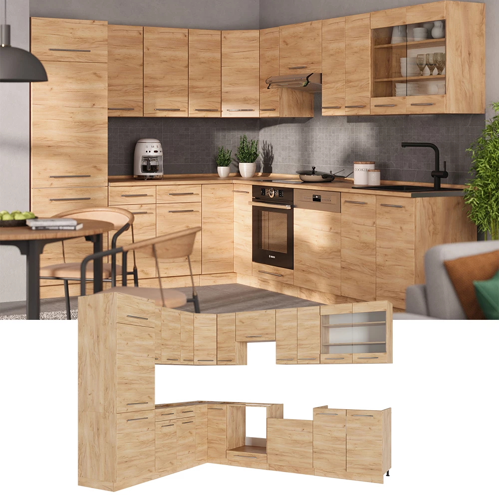 Cucina angolare completa Fame-Line Rovere dorato/Rovere dorato 287 x 227 cm piano di lavoro Antracite Vicco