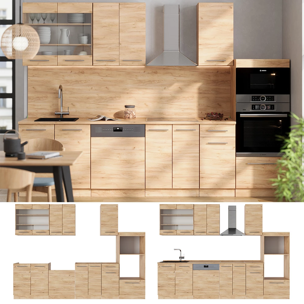 Kitchenette Fame-Line Gold power oak 300 cm with tall cupboard, WT ...