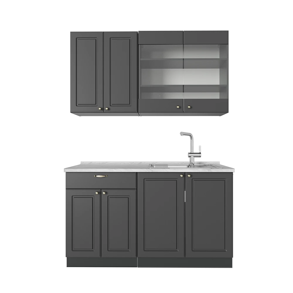 Cucina monoblocco in Landhaus antrazit-oro on white background