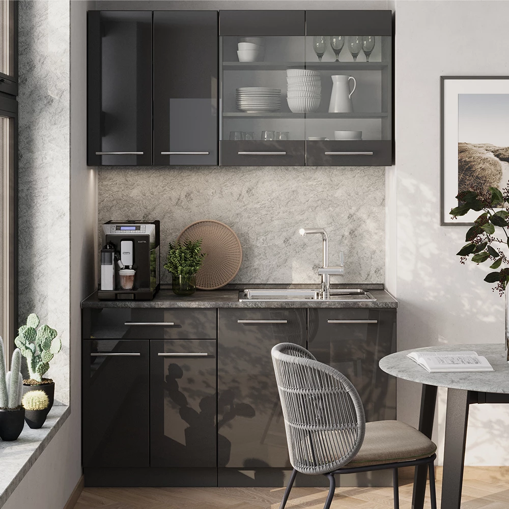 Enotna kuhinja v Antracit z visokim sijajem na belem ozadju