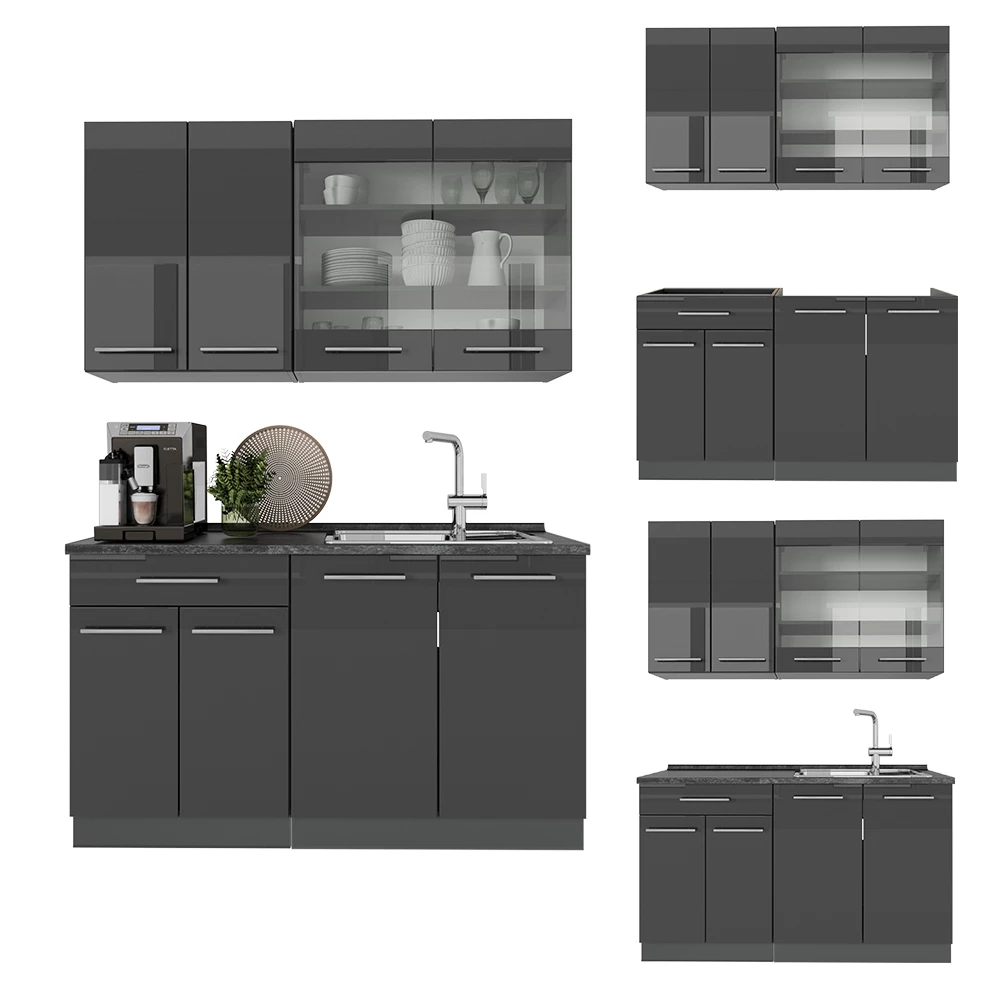 Cuisine en Anthracite Haute brillance sur fond blanc avec des éléments décoratifs