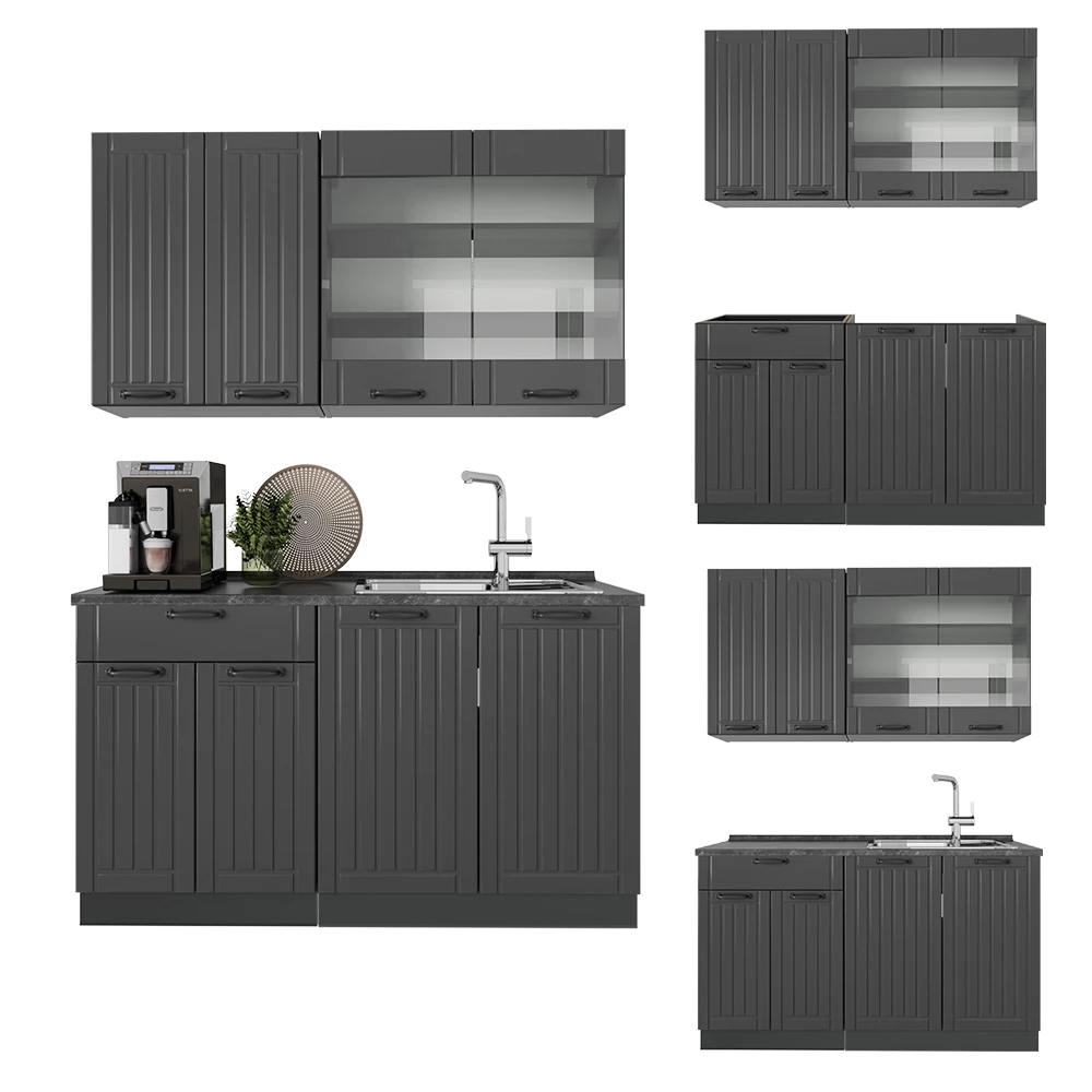 Cucina monoblocco in Grigio scuro on white background with decorative elements