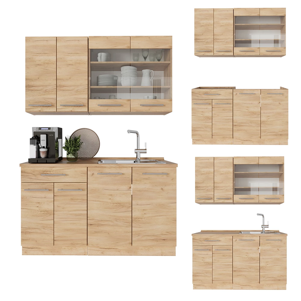 Cucina monoblocco in Quercia dorata on white background with decorative elements