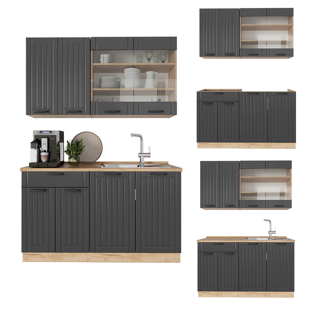Cuisine en Gris foncé sur fond blanc avec des éléments décoratifs