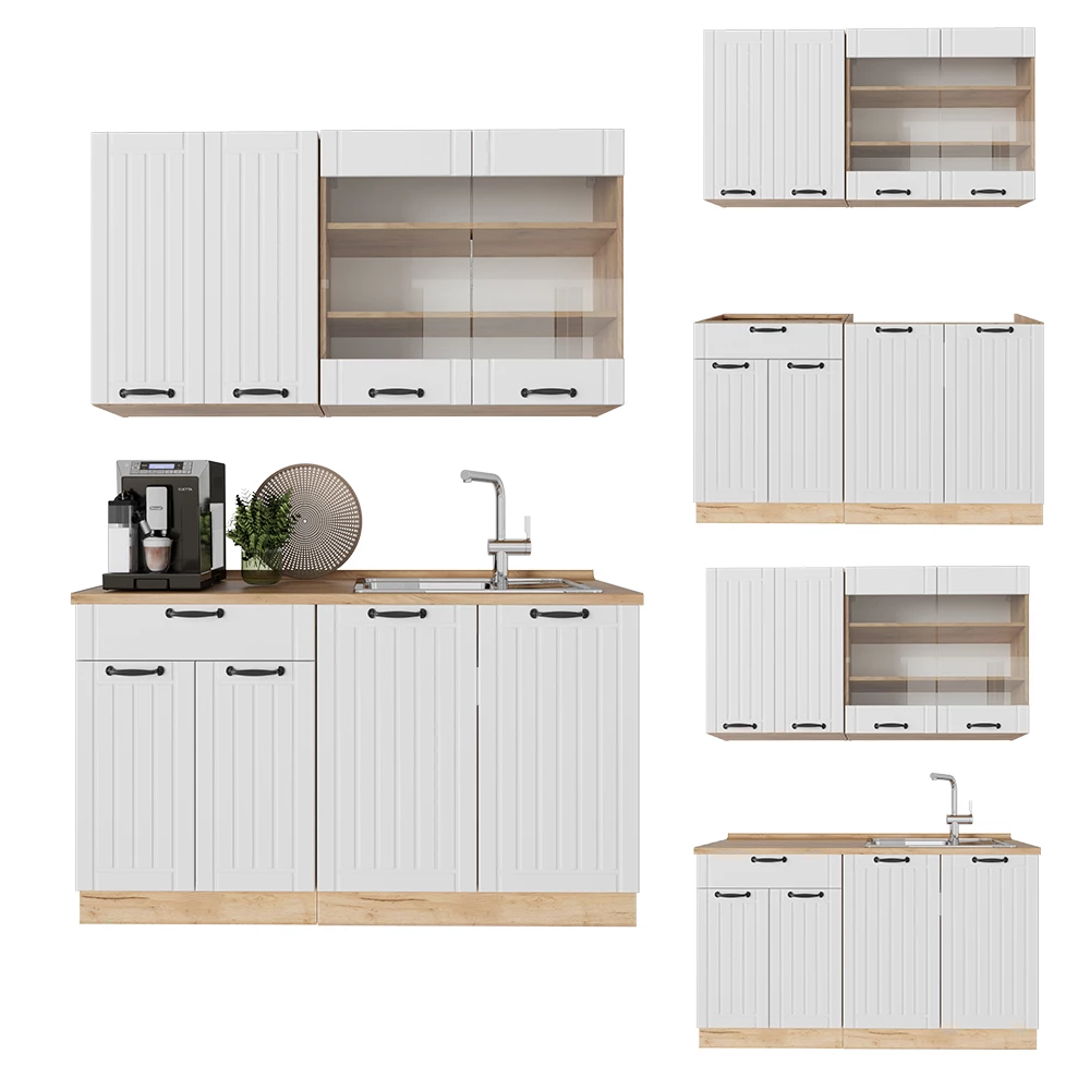 Cuisine en Blanc campagne sur fond blanc avec des éléments décoratifs