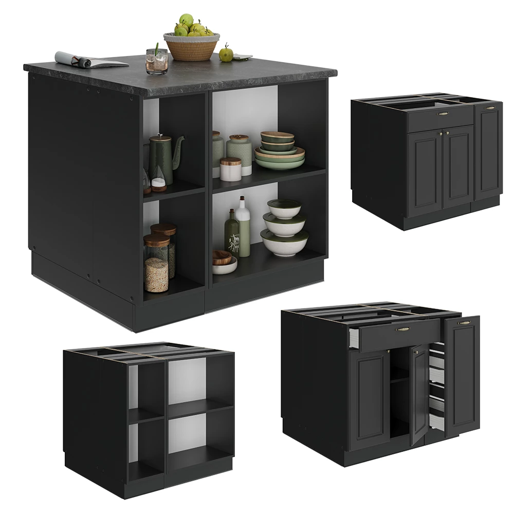 isola cucina in Landhaus antrazit-oro on white background with decorative elements