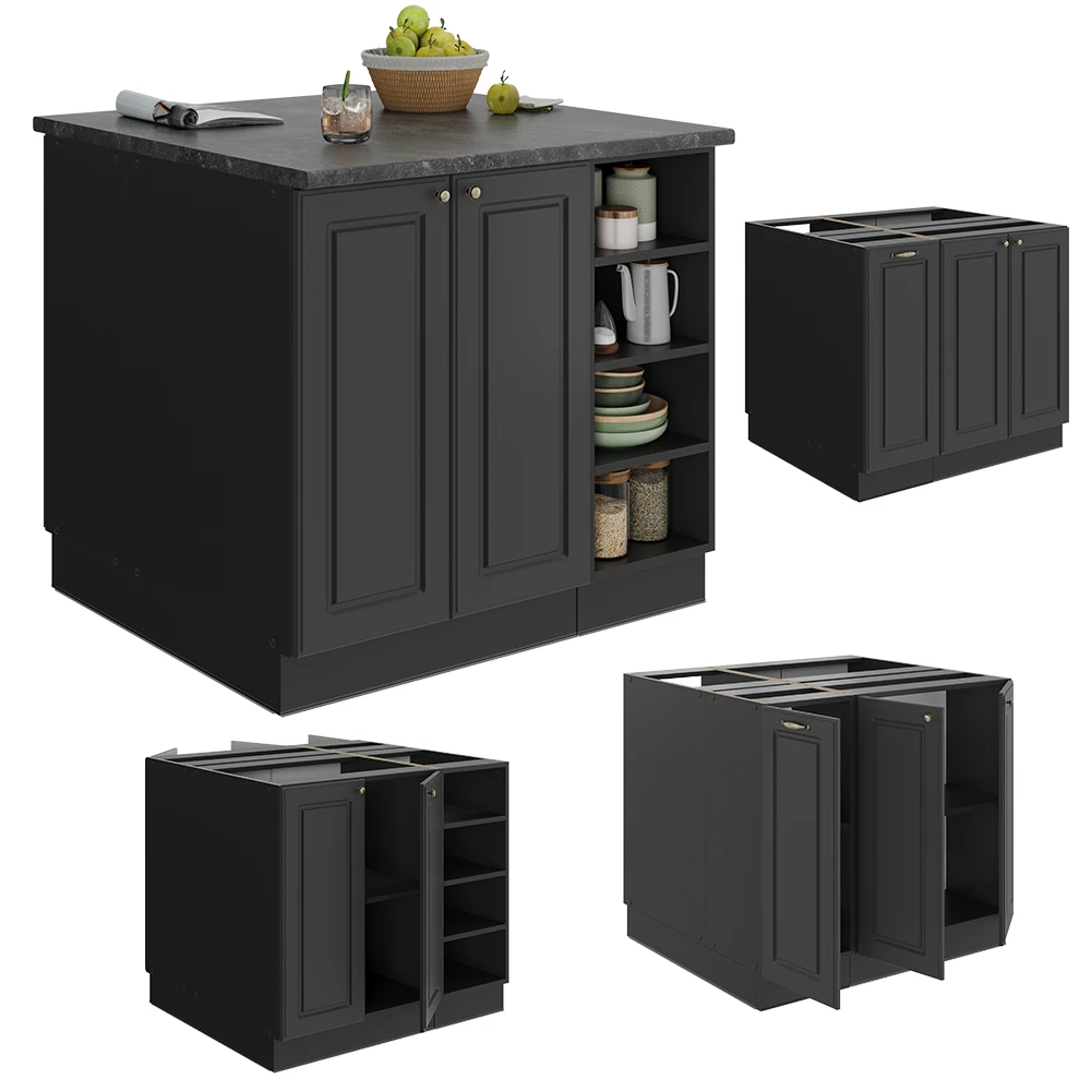isola cucina in Landhaus antrazit-oro on white background with decorative elements