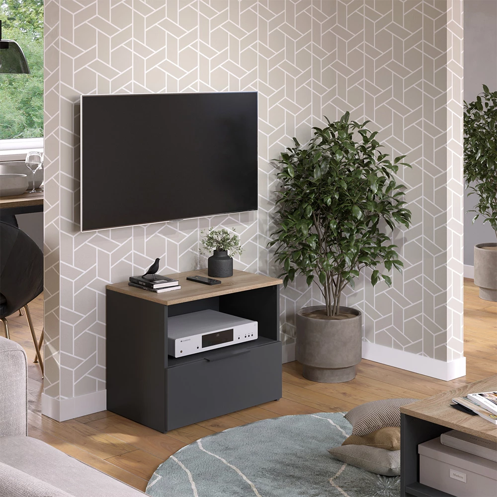 Nahaufnahme von Lowboard in Anthrazit/Sonoma, zeigt Design- und Oberflächendetails