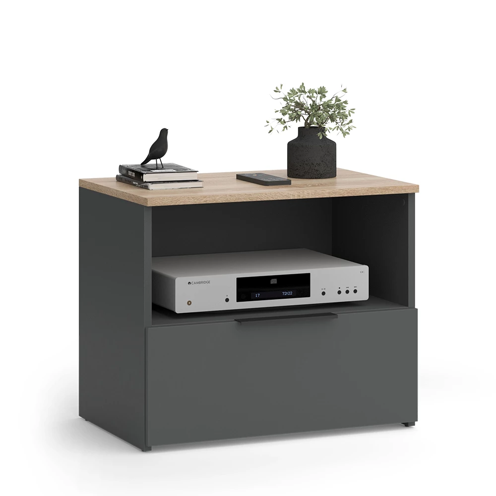 Lowboard in Anthrazit/Sonoma auf weißem Hintergrund mit dekorativen Elementen