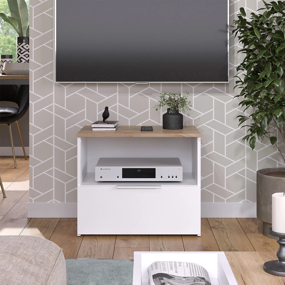 Lowboard in Weiß/Sonoma auf weißem Hintergrund