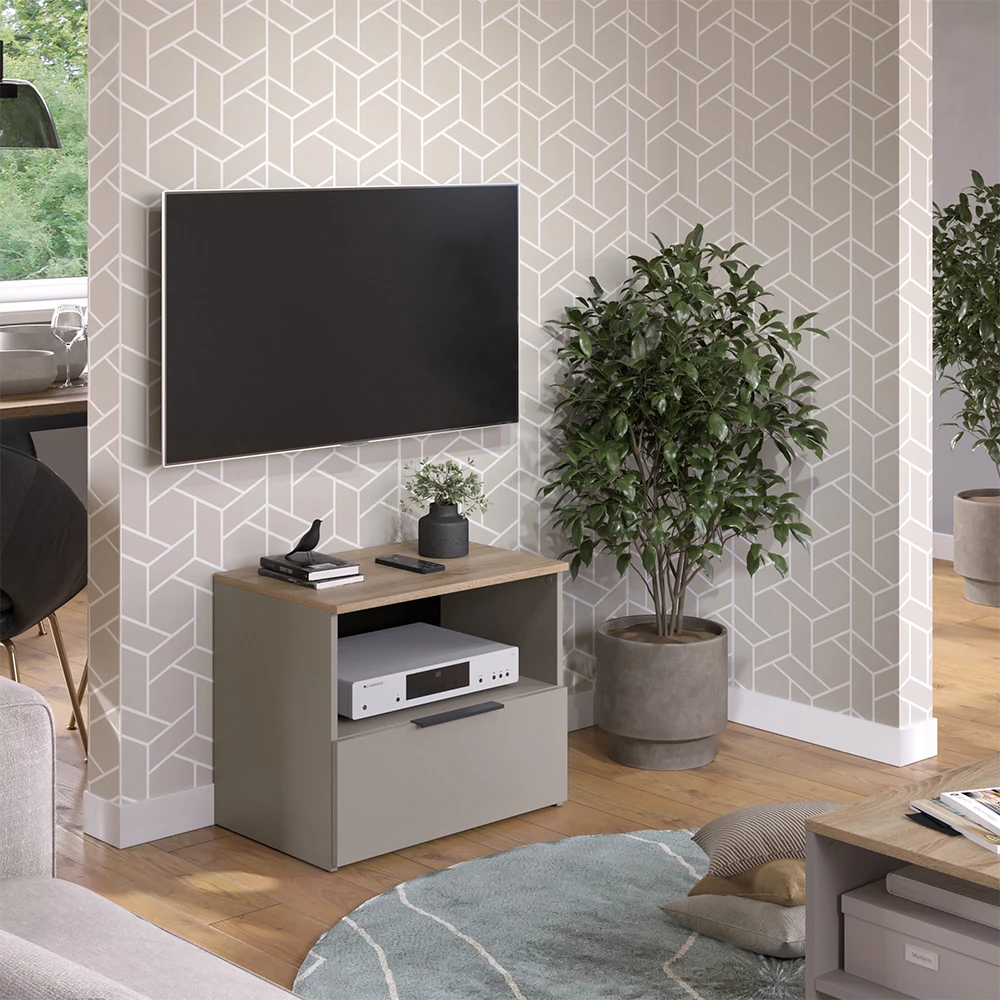 Nahaufnahme von Lowboard in Greige, zeigt Design- und Oberflächendetails