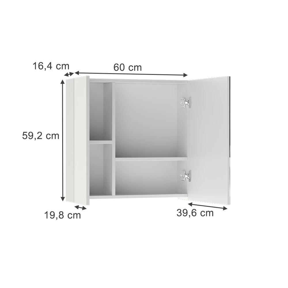 Badspiegelschrank in Weiß auf weißem Hintergrund mit sichtbaren Maßen