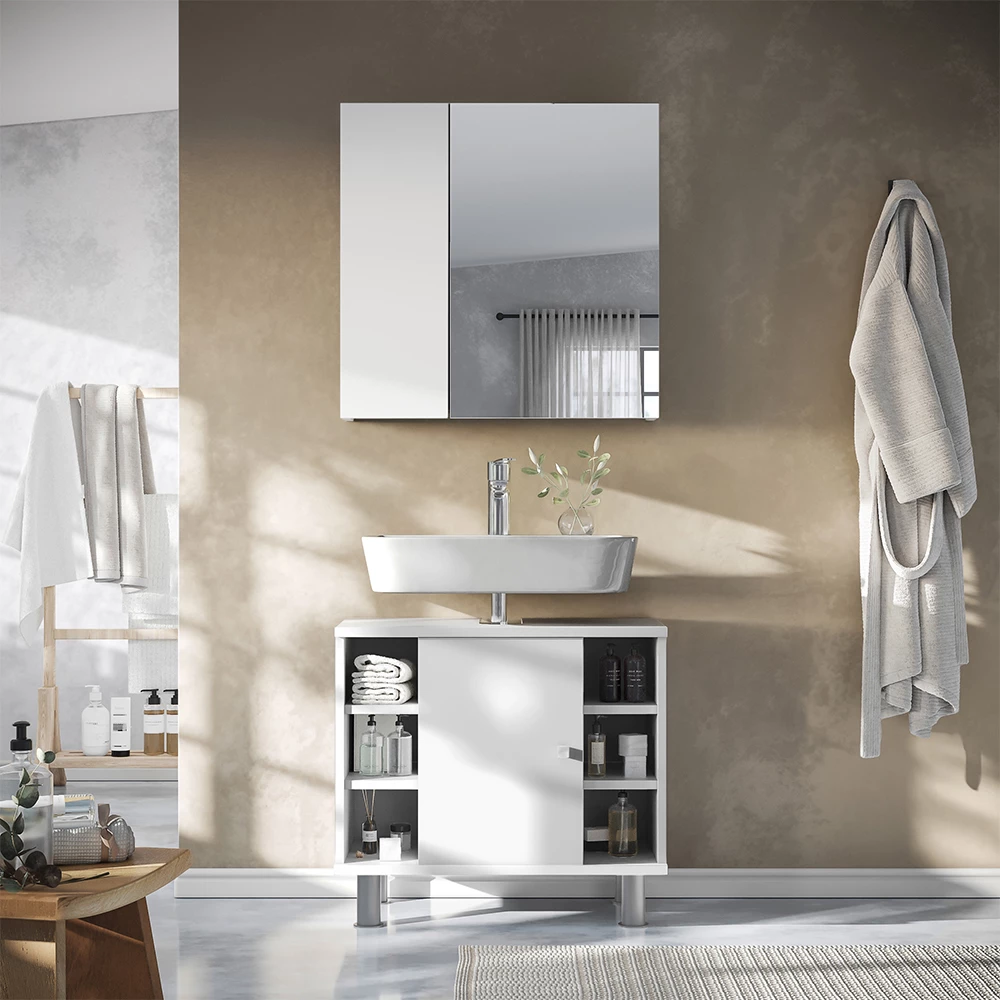 Vicco Badspiegelschrank Weiß 60 x 59.2 cm Mit Regalböden und 1 Spiegeltür, Leopold