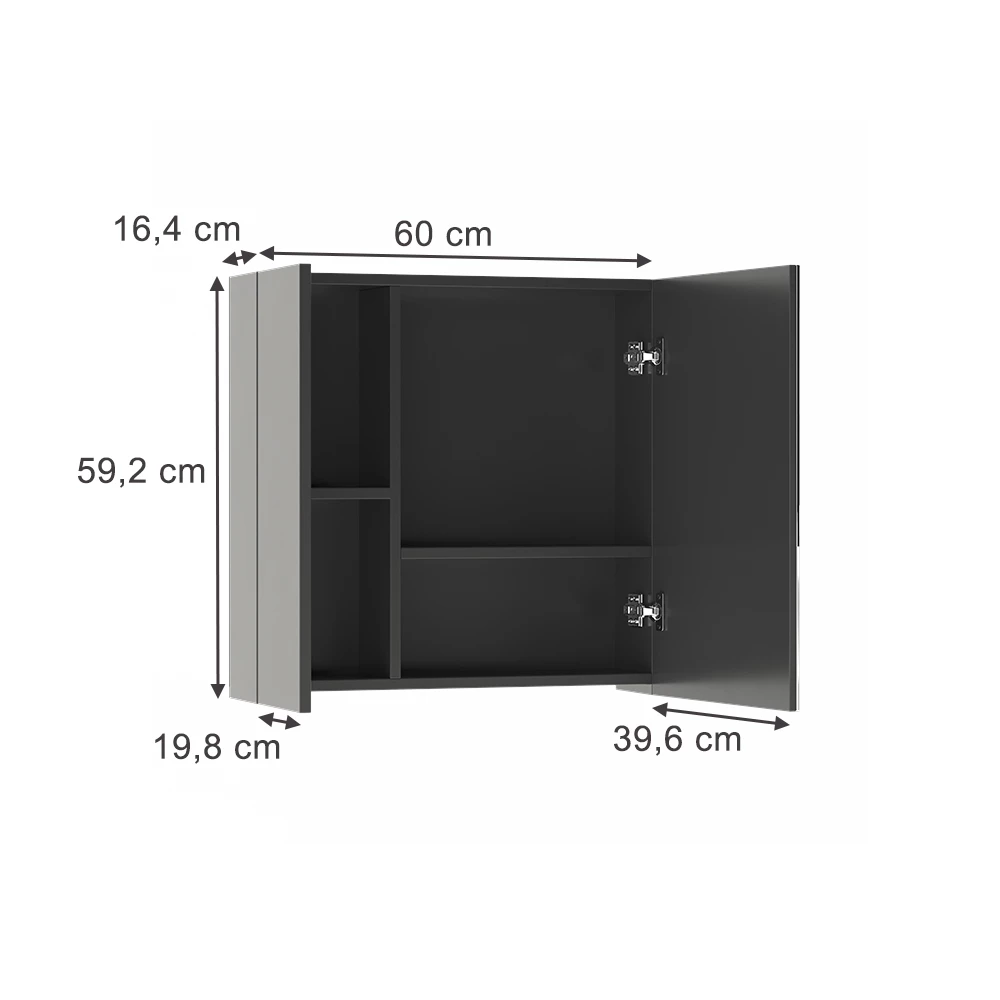 Armoire de toilette en Anthracite sur fond blanc avec dimensions visibles