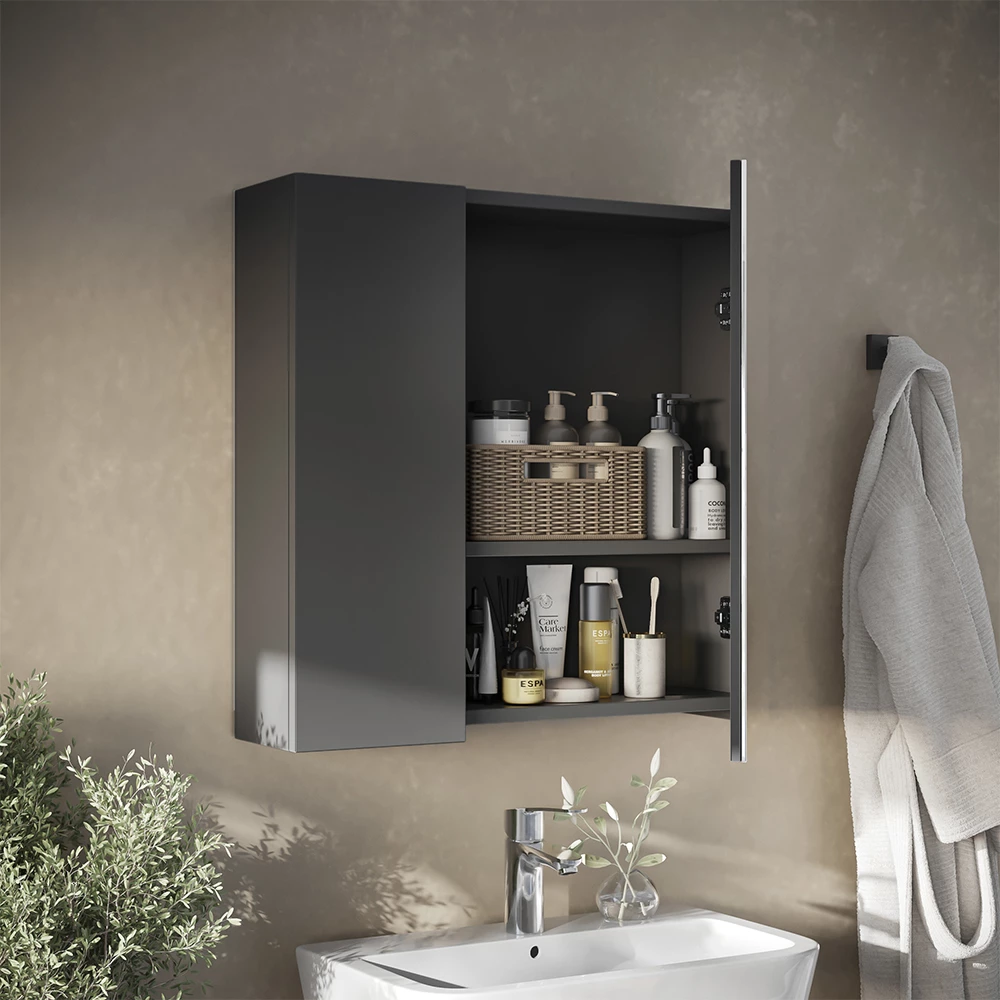 Gros plan de Armoire de toilette en Anthracite, montrant le design et les détails de surface