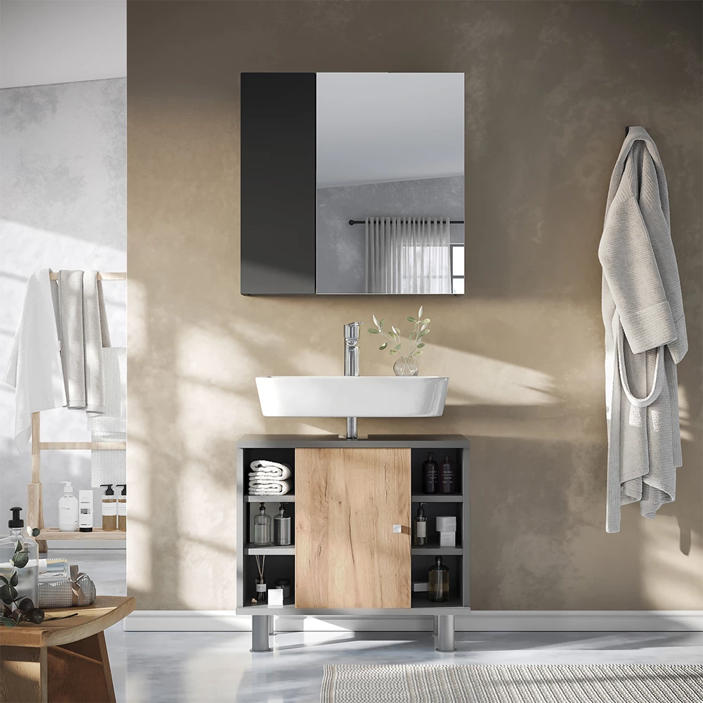 Vicco Armoire de toilette Anthracite 60x59.2cm Avec étagères et 1 porte miroir, Leopold